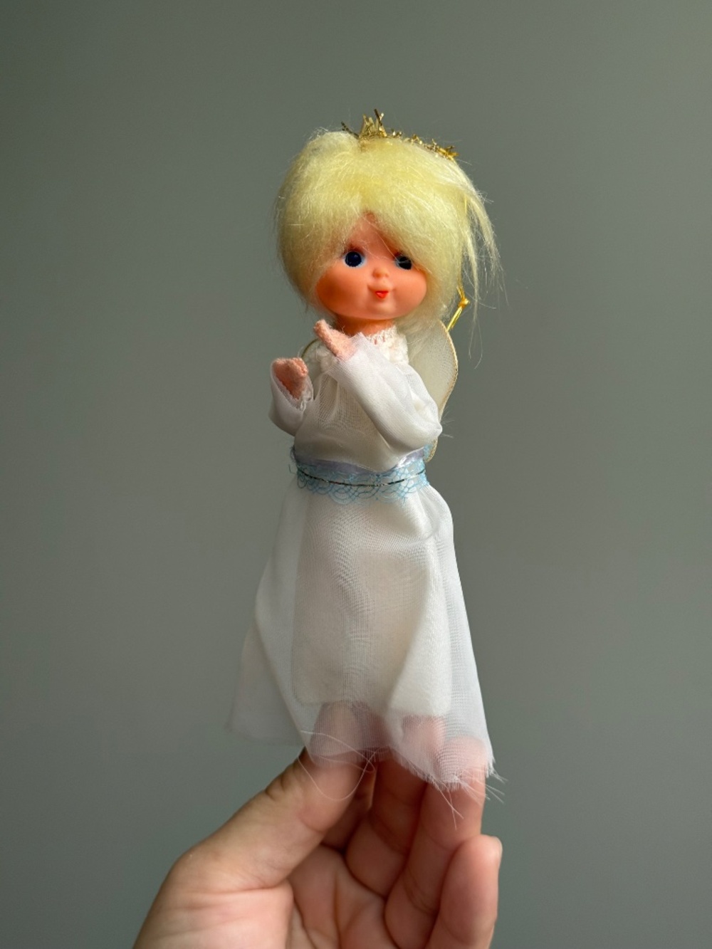 White Blue Tulle Pixie Elf Angel Christmas Ornament c1960s Vintage by Napco